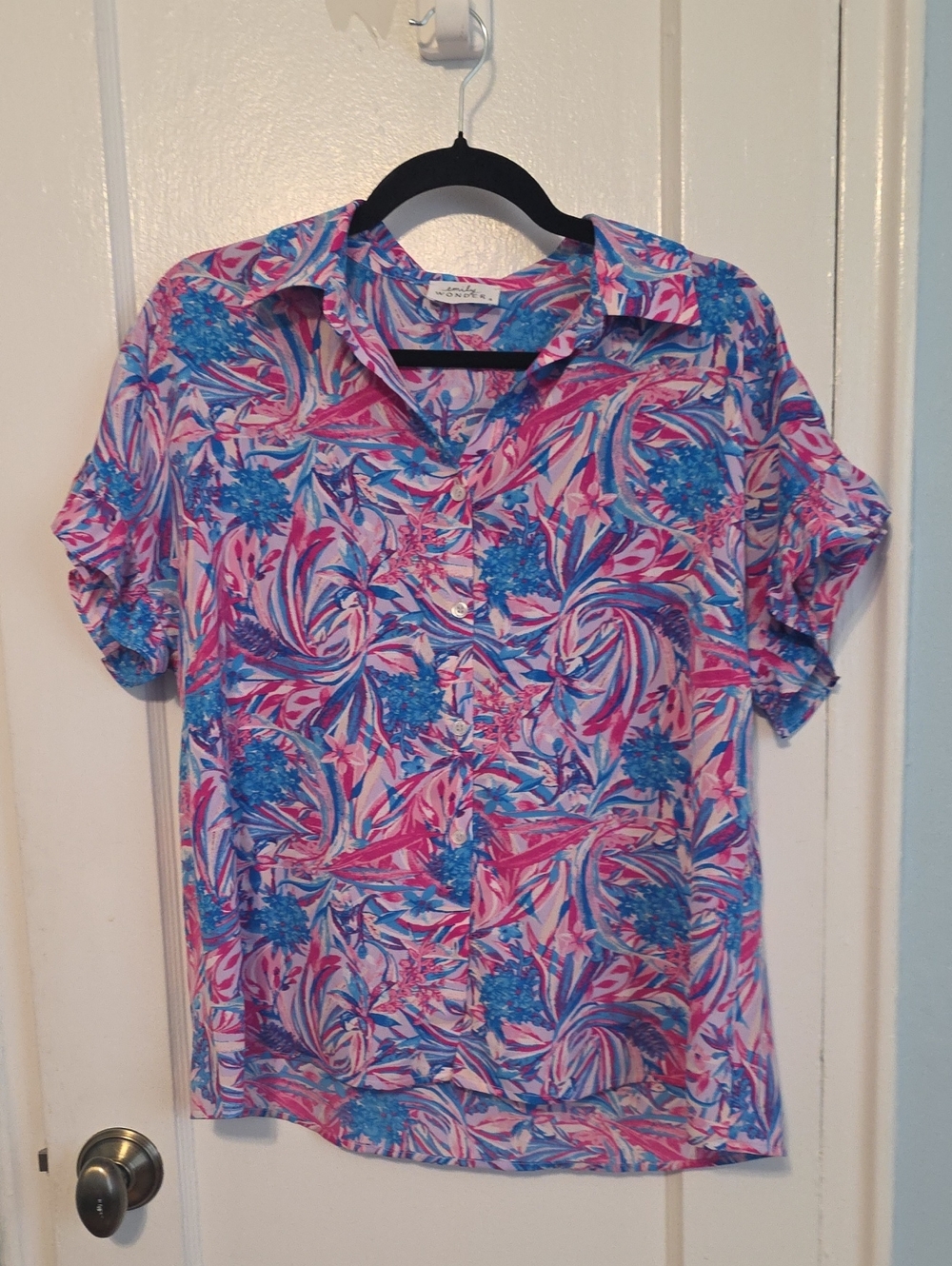 Vibrant Pink & Blue Floral Button-Up Blouse